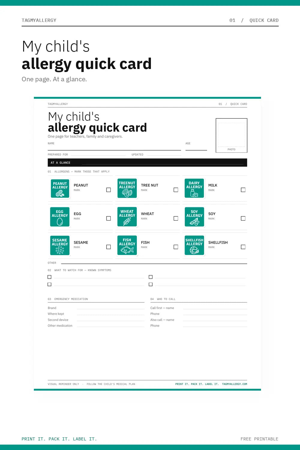 Free Printable Allergy Quick Card (PDF, US Letter)