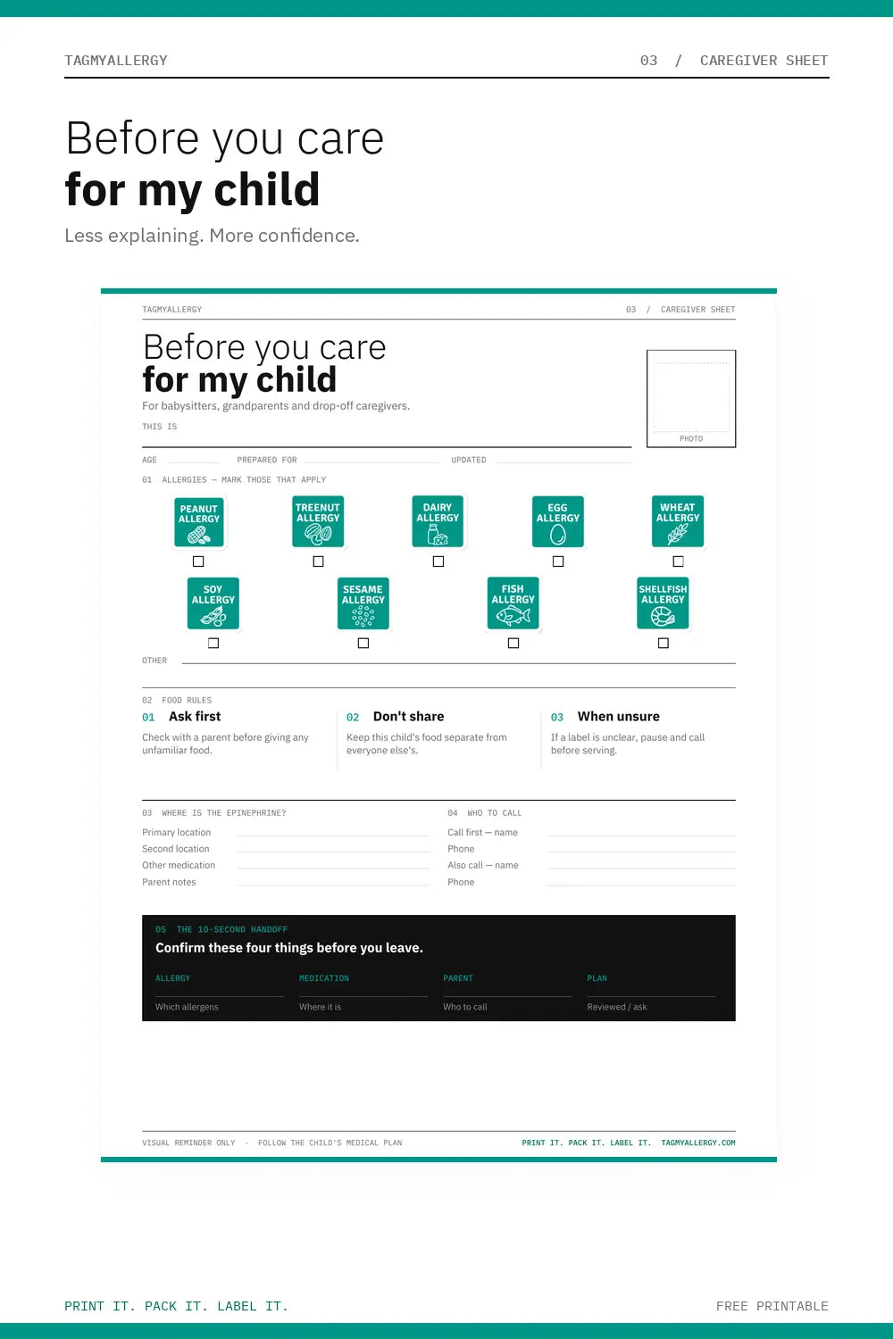 Free Printable Caregiver Allergy Sheet (PDF)