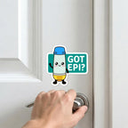 GOT EPI? cute allergy reminder sticker on white door near doorknob – daily visual cue for anaphylaxis patients to carry epinephrine