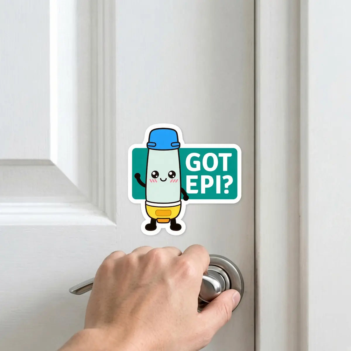 GOT EPI? cute allergy reminder sticker on white door near doorknob – daily visual cue for anaphylaxis patients to carry epinephrine