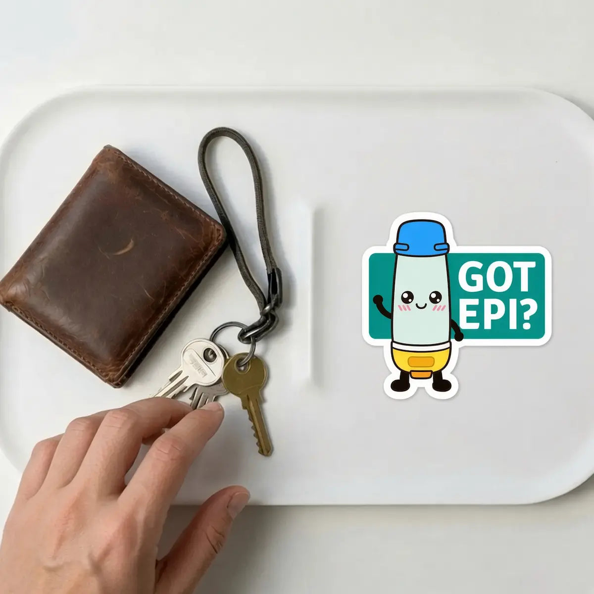 GOT EPI? cute  allergy reminder sticker on white tray with keys and wallet – portable allergy reminder to never leave home without epinephrine auto-injector