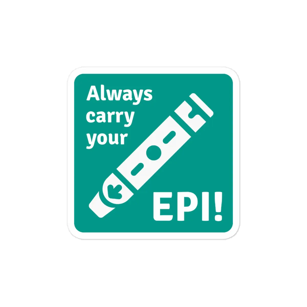 Always carry your EPI teal square sticker with white EpiPen icon – allergy and anaphylaxis reminder for severe allergy sufferers