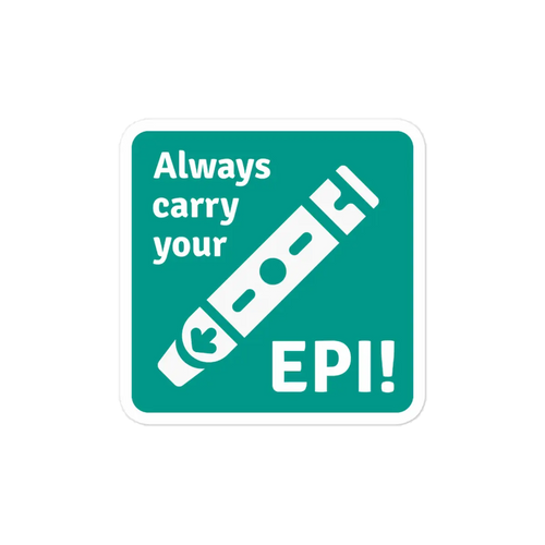 Always carry your EPI teal square sticker with white EpiPen icon – allergy and anaphylaxis reminder for severe allergy sufferers