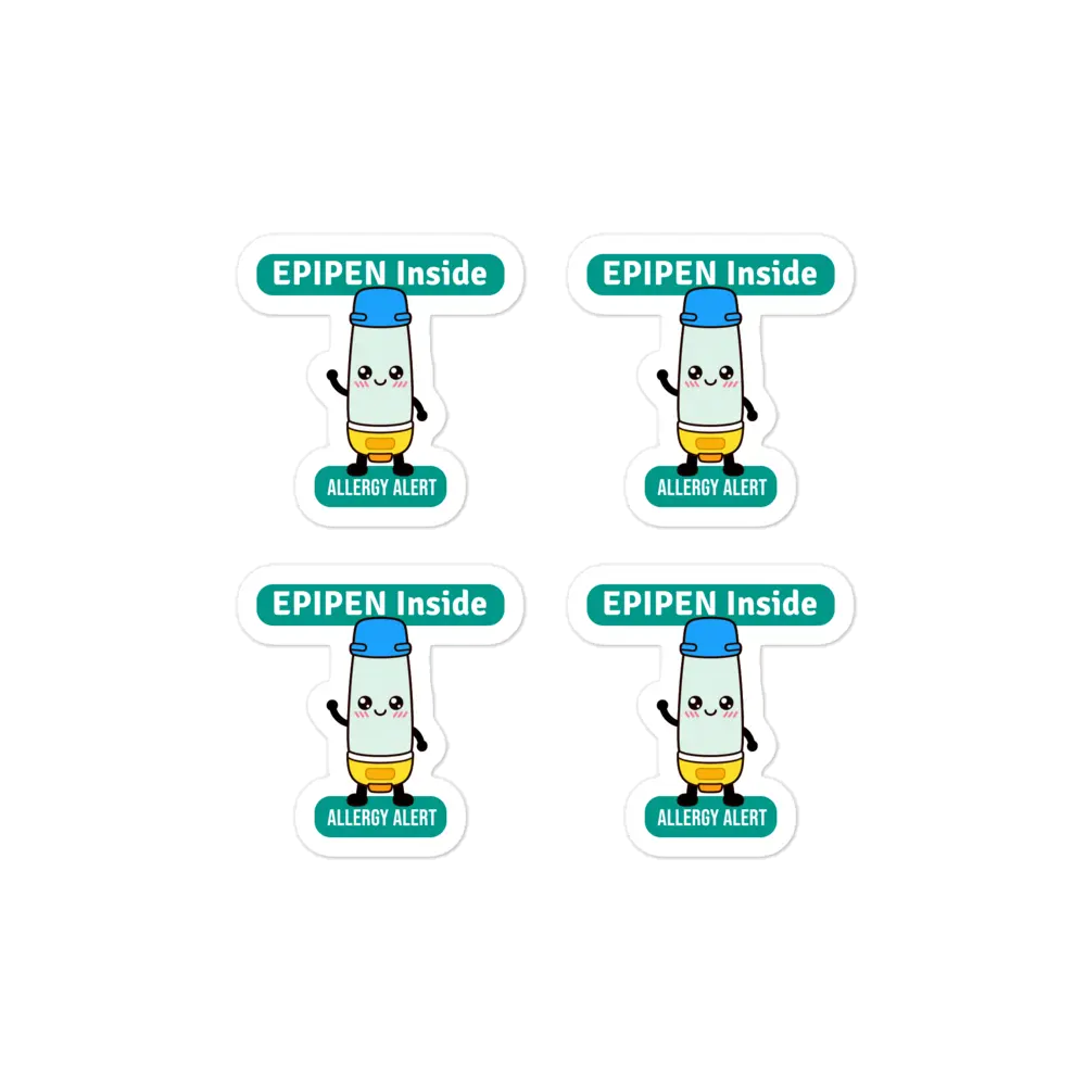 EPIPEN inside,  4 pack, teal sticker with white bold text – allergy and anaphylaxis reminder for severe allergy sufferers, cute version.