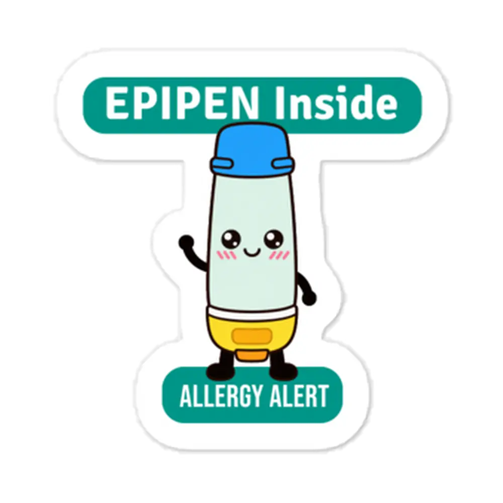 EPIPEN inside,  teal sticker with white bold text – allergy and anaphylaxis reminder for severe allergy sufferers, cute version.