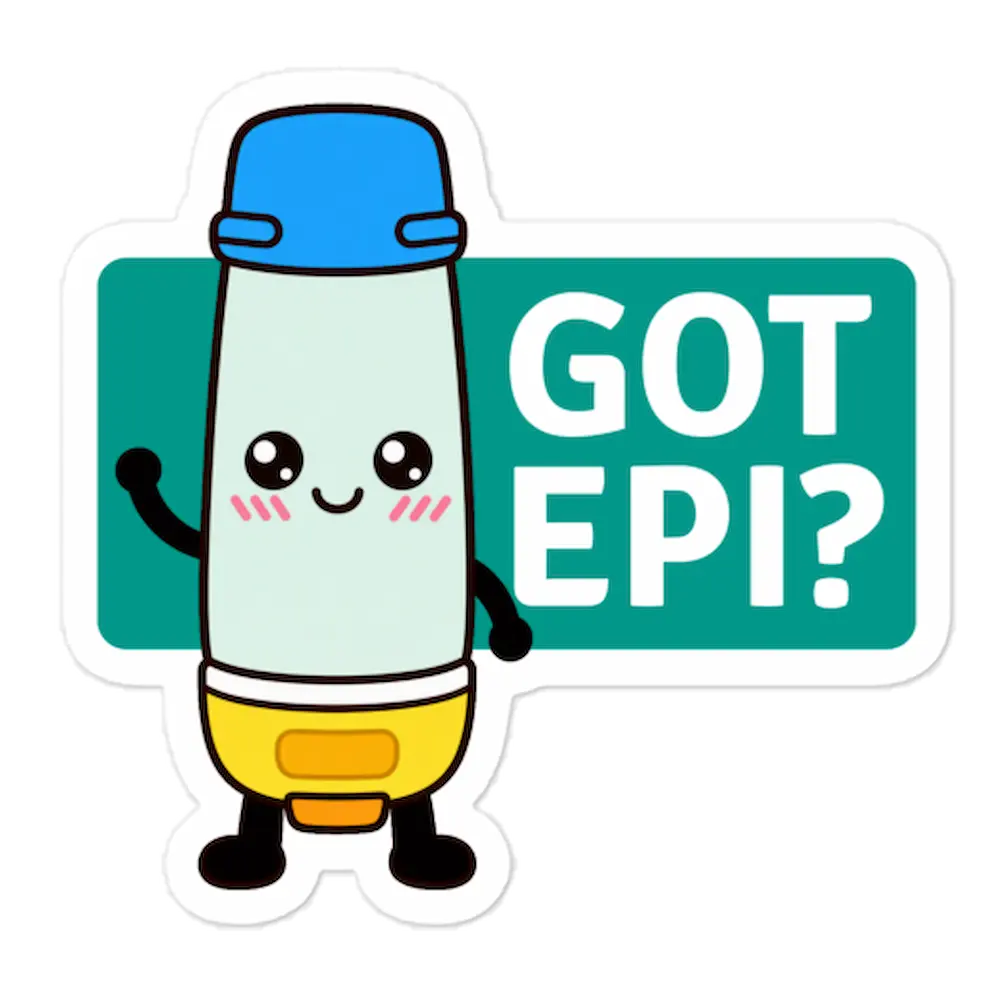 GOT EPI? teal sticker with white bold text – allergy and anaphylaxis reminder for severe allergy sufferers, cute version.