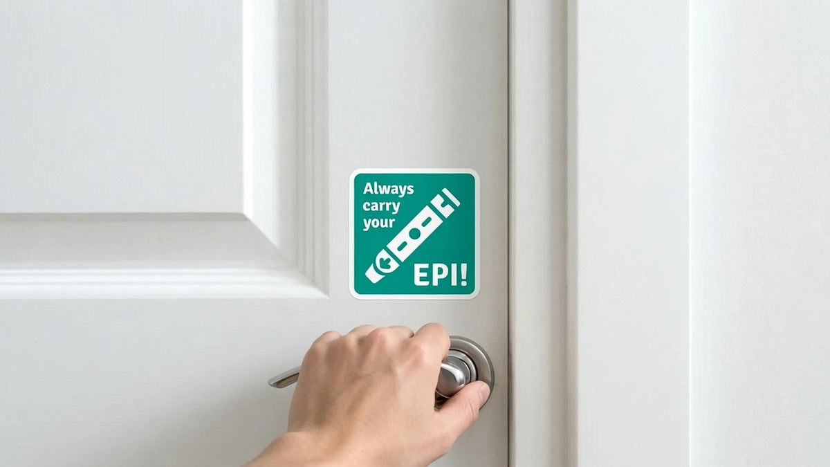 Always carry your EPI allergy reminder sticker on white door near doorknob – daily visual cue for anaphylaxis patients to carry epinephrine