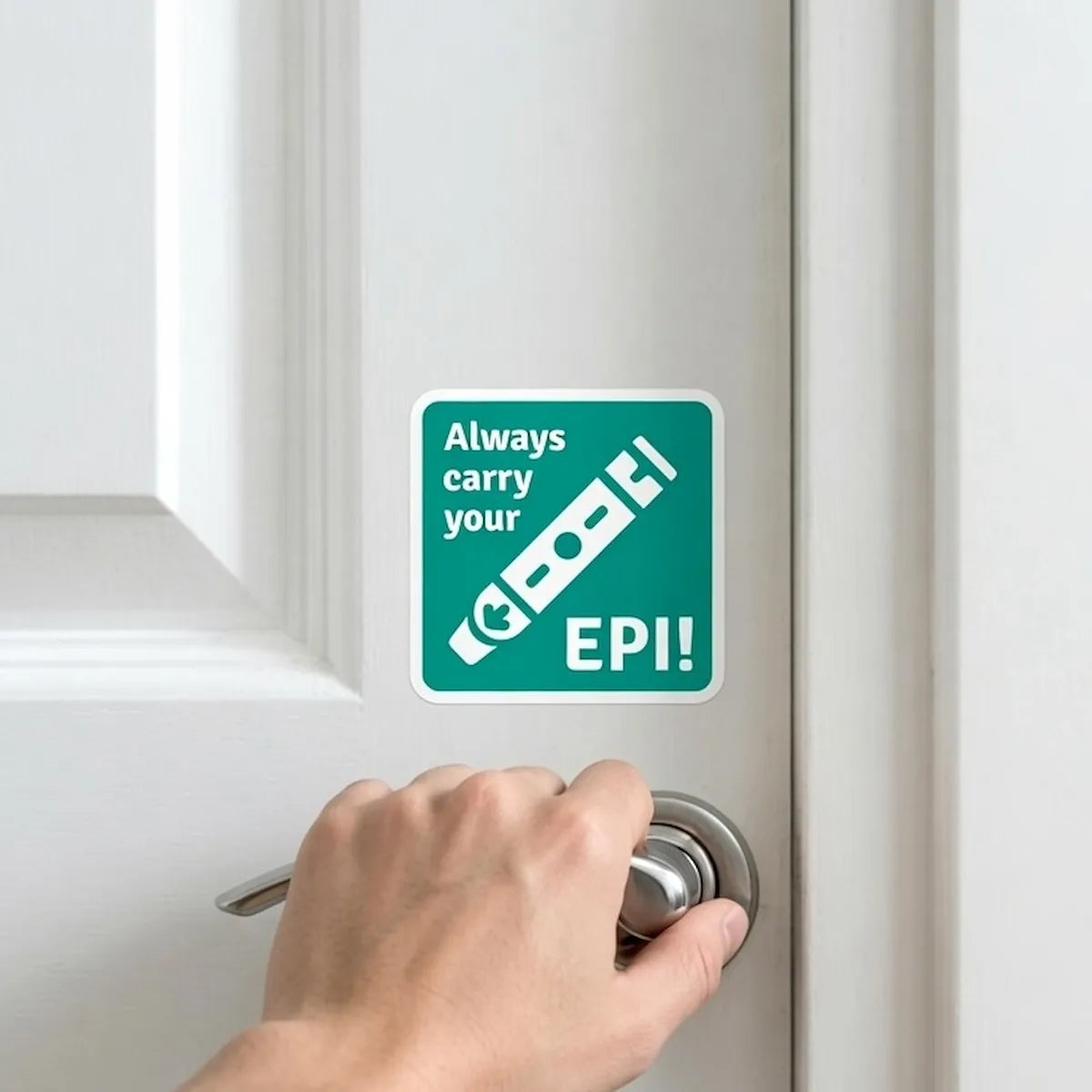 Always carry your EPI allergy reminder sticker on white door near doorknob – daily visual cue for anaphylaxis patients to carry epinephrine