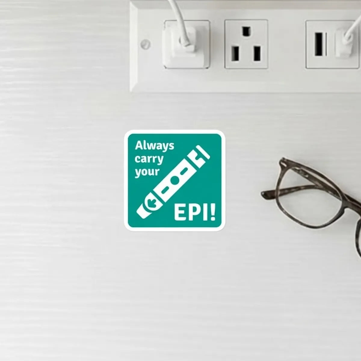 Always carry your EPI allergy reminder  sticker on nightstand next to glasses and outlet – practical allergy safety reminder for home use
