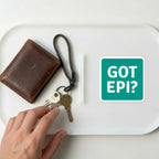 GOT EPI?  allergy reminder sticker on white tray with keys and wallet – portable allergy reminder to never leave home without epinephrine auto-injector