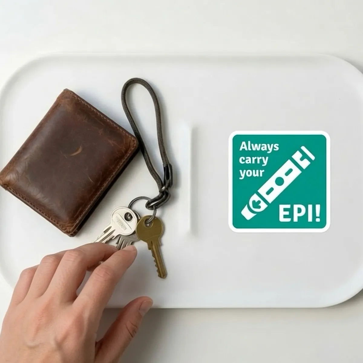 Always carry your EPI  allergy reminder  sticker on white tray with keys and wallet – portable allergy reminder to never leave home without epinephrine auto-injector