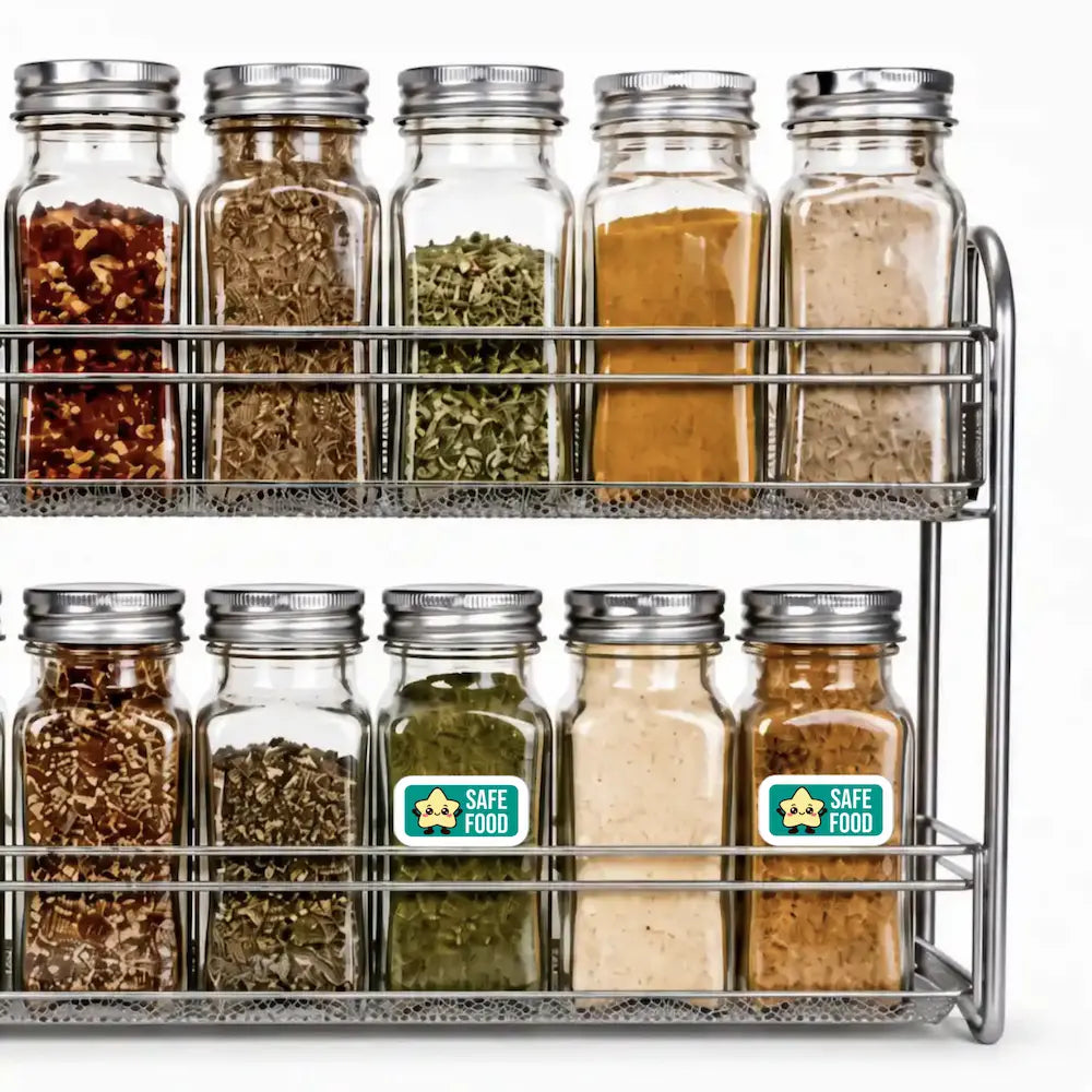 Two-tier chrome spice rack with square glass spice jars; Safe allergy stickers mark allergen-safe seasonings on the lower shelf.