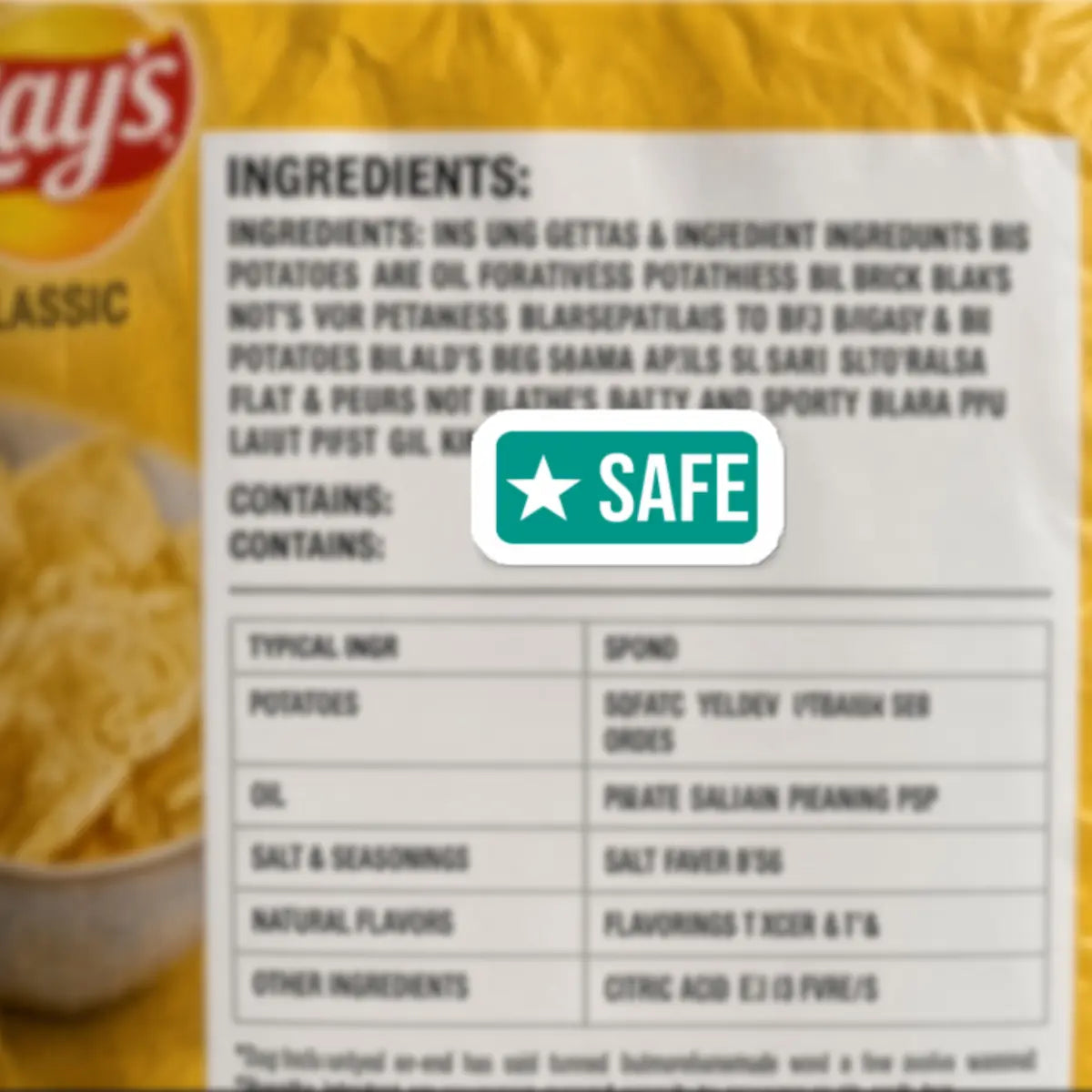 Close-up of a potato chip bag ingredient panel with a green star safe allergy sticker placed over the label to mark the snack as household-safe.