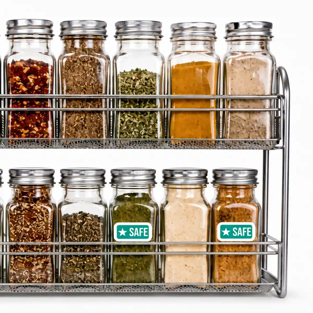 Two-tier chrome spice rack with square glass spice jars; green star safe allergy stickers mark allergen-safe seasonings on the lower shelf.