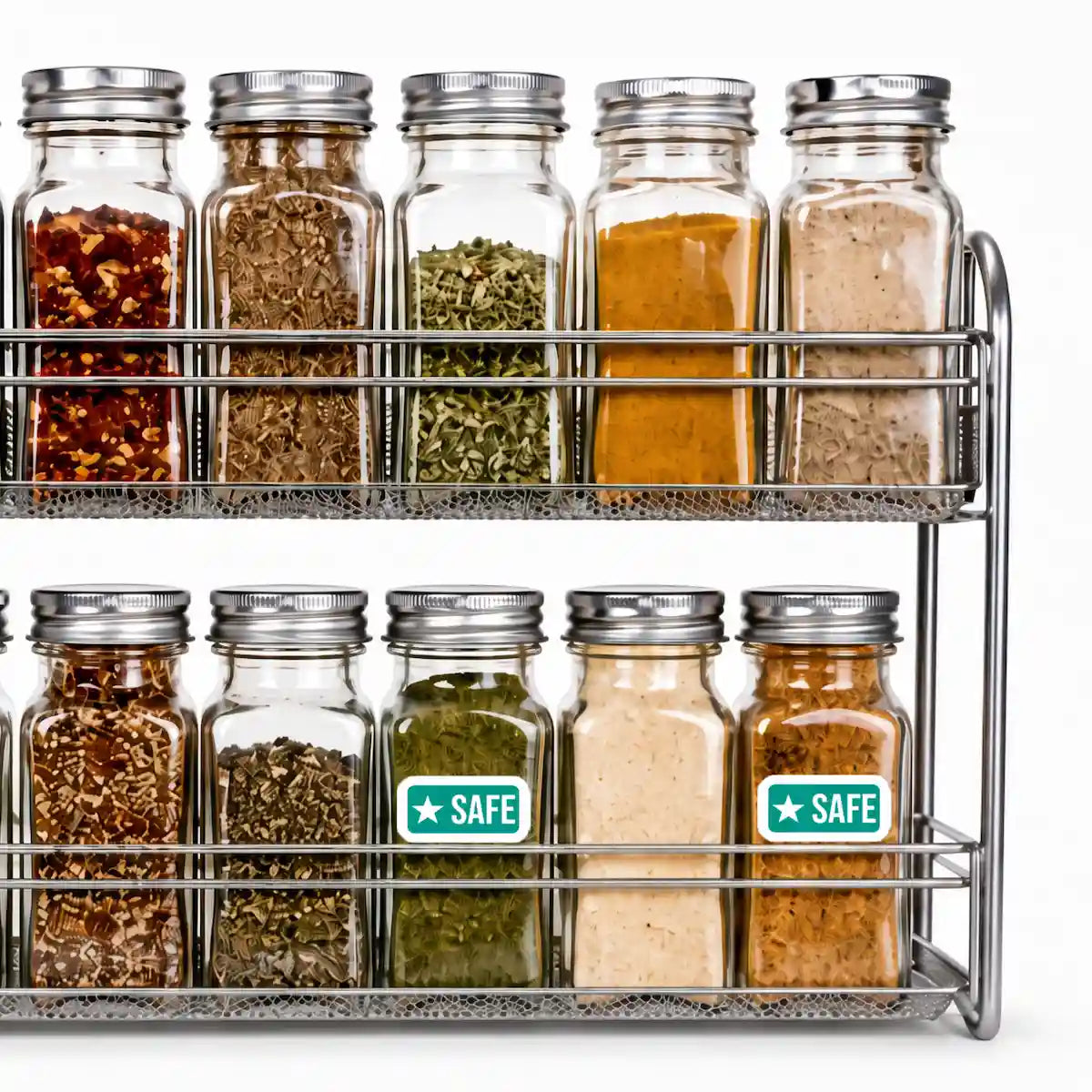 Two-tier chrome spice rack with square glass spice jars; green star safe allergy stickers mark allergen-safe seasonings on the lower shelf.