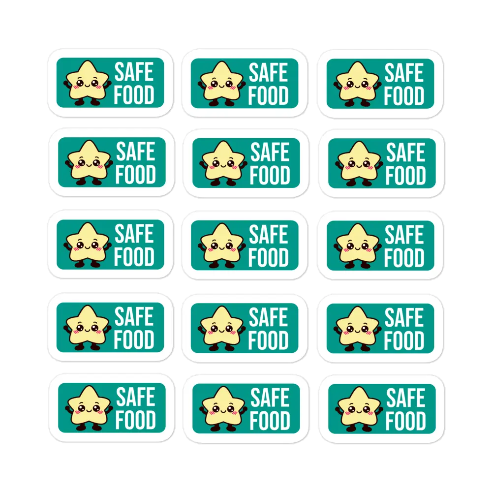 Allergy Safe Food Marks 15-sticker sheet, 1.4 x 0.7 inch high-opacity vinyl labels for allergen-free food, kitchen, fridge, and pantry, cute version.