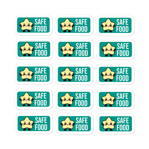 Allergy Safe Food Marks 15-sticker sheet, 1.4 x 0.7 inch high-opacity vinyl labels for allergen-free food, kitchen, fridge, and pantry, cute version.