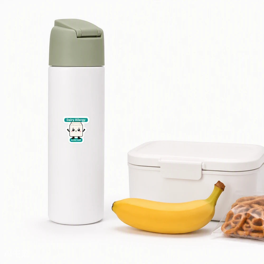 A cartoon milk carton dairy allergy alert sticker on a white kids’ water bottle beside a lunch container, banana, and pretzels, promoting milk allergen awareness for school lunches.