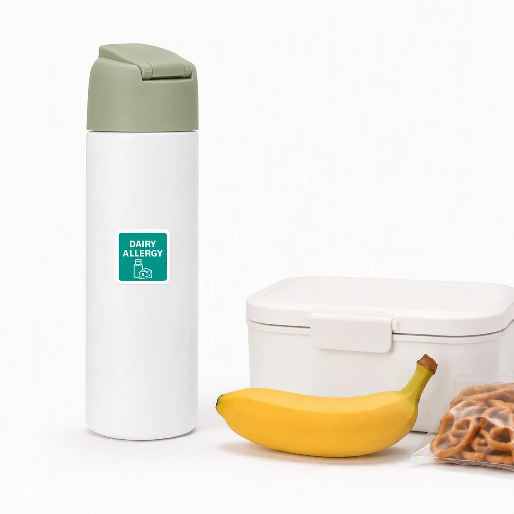 Dairy allergy food reminder sticker on a water bottle, designed as a visible food allergy warning for everyday use.