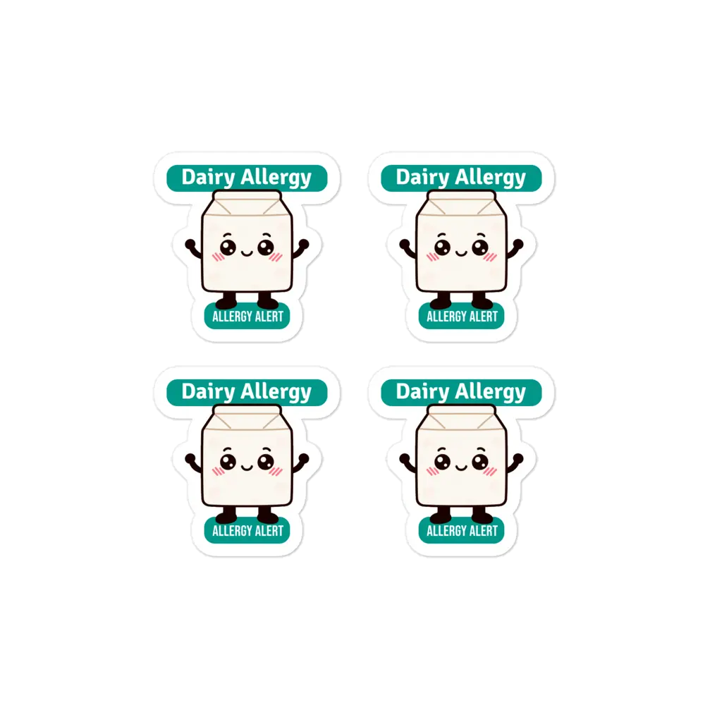 Set of 4 dairy allergy reminder stickers for lunchboxes and food containers, cute version