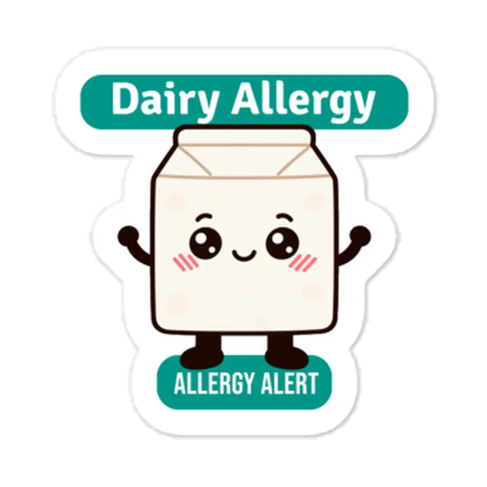 Dairy allergy reminder stickers for lunchboxes and food containers, cute version