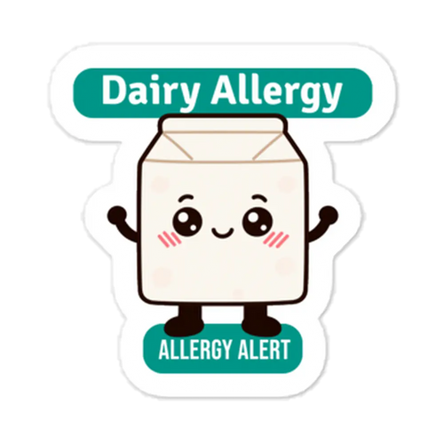 Dairy allergy reminder stickers for lunchboxes and food containers, cute version