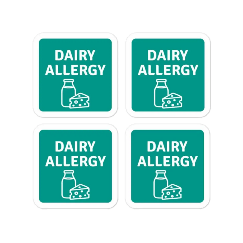 Set of 4 dairy allergy reminder stickers for lunchboxes and food containers