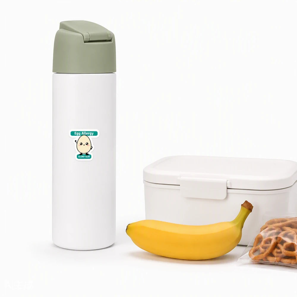 A kawaii egg allergy alert sticker on a white water bottle, helping parents and caregivers identify egg allergy needs during school lunches, daycare, or camp.