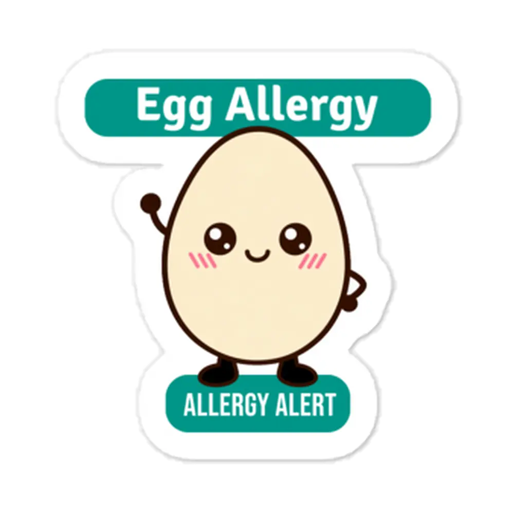 Egg allergy reminder stickers for lunchboxes and food containers, cute version
