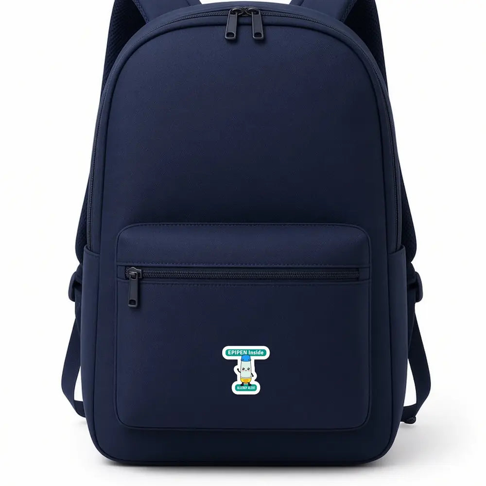 1.5 inch EPIPEN Inside allergy alert sticker on a school backpack front pocket so the epinephrine case can be found from the outside
