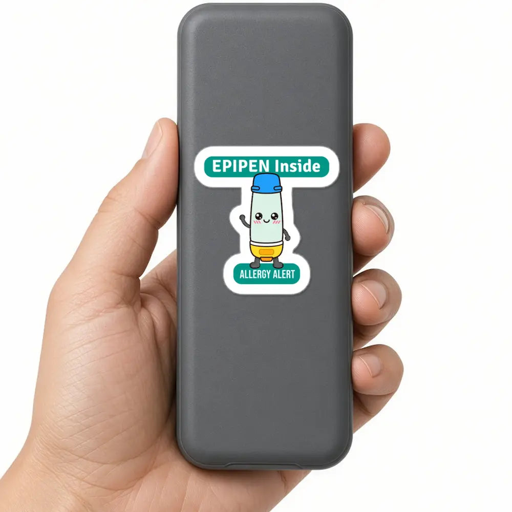1.5 inch EPIPEN Inside vinyl sticker on a slim hard epinephrine carry case held in a hand, showing where the auto-injector is kept