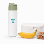 A cartoon fish allergy alert sticker on a white water bottle, making fish allergy information easy to see during school meals, snacks, travel, and group activities.