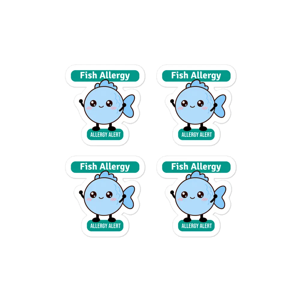 Set of 4 fish allergy reminder stickers for lunchboxes and food containers, cute version