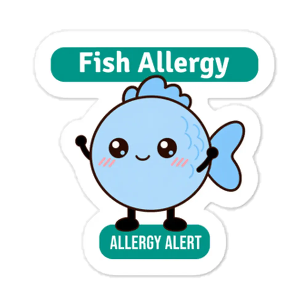 Fish allergy reminder stickers for lunchboxes and food containers, cute version