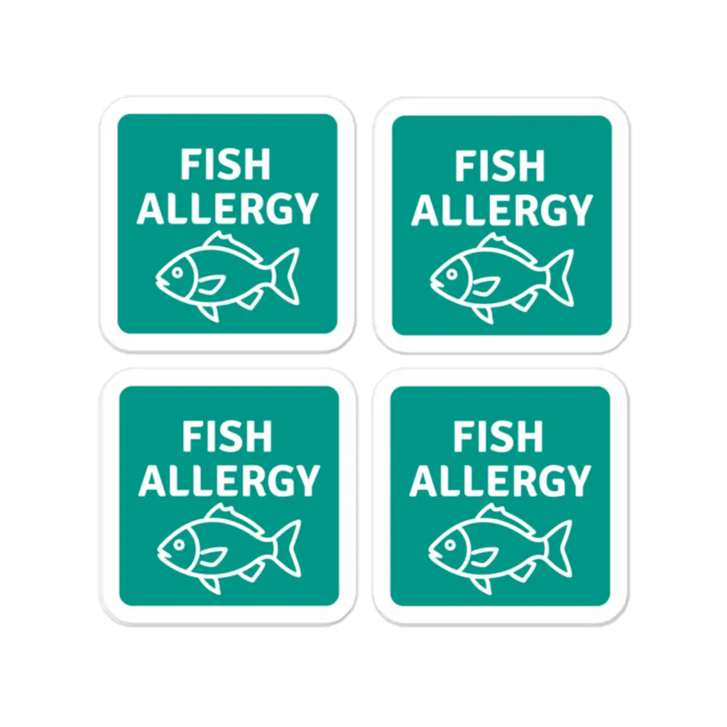 Set of 4 fish allergy reminder stickers for lunchboxes and food containers