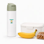 A cartoon peanut allergy alert sticker on a white water bottle, providing a clear peanut allergy reminder for teachers, caregivers, and school lunch staff.