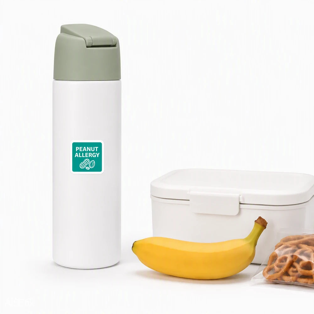 Peanut allergy food reminder sticker on a water bottle, designed as a visible food allergy warning for everyday use.