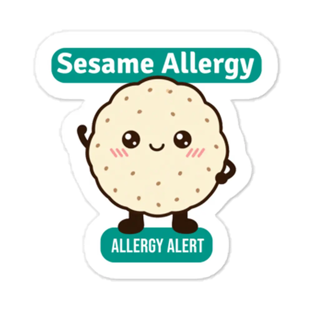 Sesame allergy reminder stickers for lunchboxes and food containers, cute version