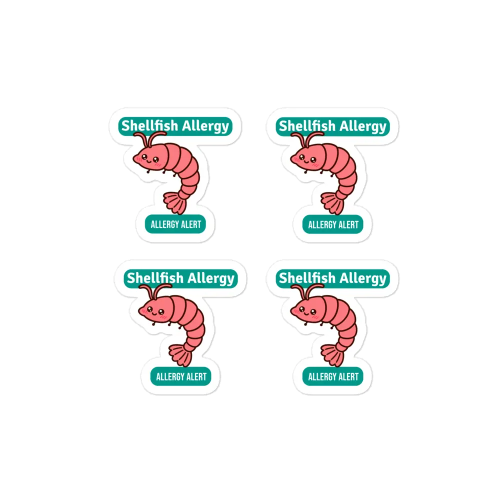 Set of 4 shellfish allergy reminder stickers for lunchboxes and food containers, cute version