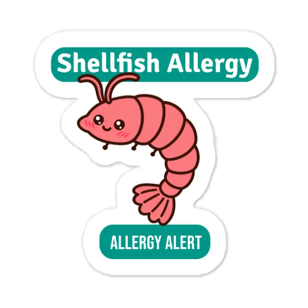 Shellfish allergy reminder stickers for lunchboxes and food containers, cute version