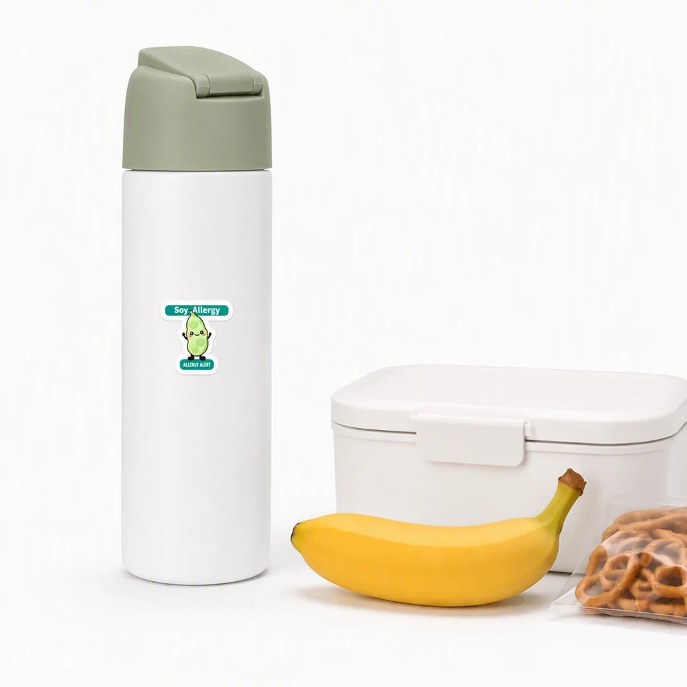 A cartoon soy allergy alert sticker on a white water bottle, offering a bright visual cue for soy allergy awareness at school, daycare, or camp.