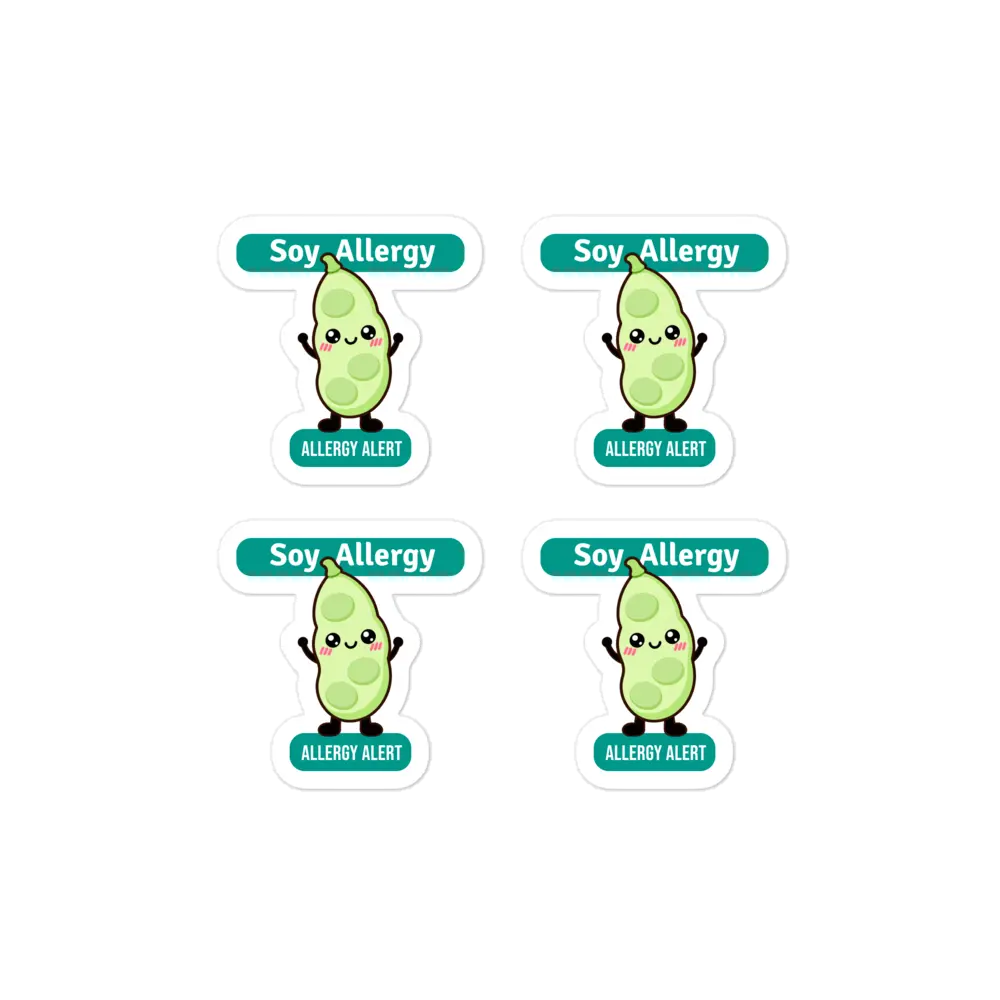 Set of 4 soy allergy reminder stickers for lunchboxes and food containers, cute version