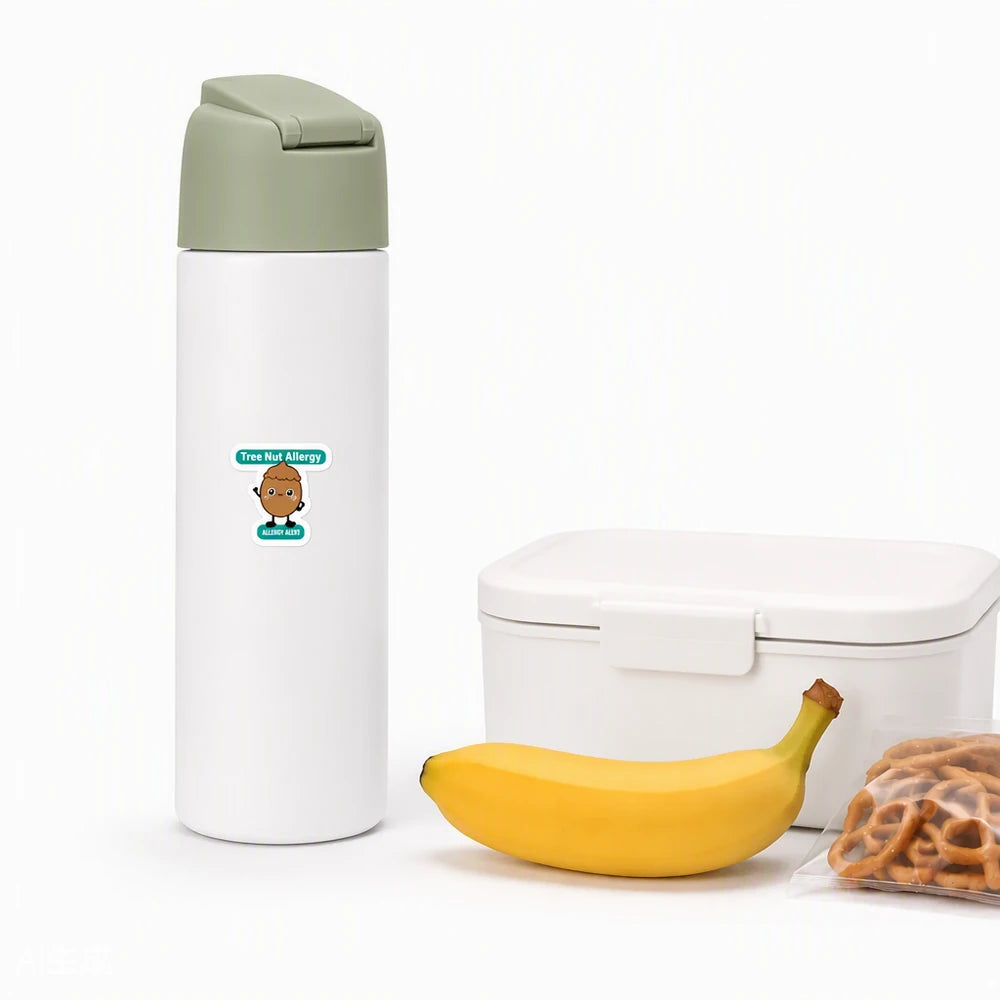 A cartoon acorn-style tree nut allergy alert sticker on a white water bottle, helping identify tree nut allergy needs during school meals and snacks.