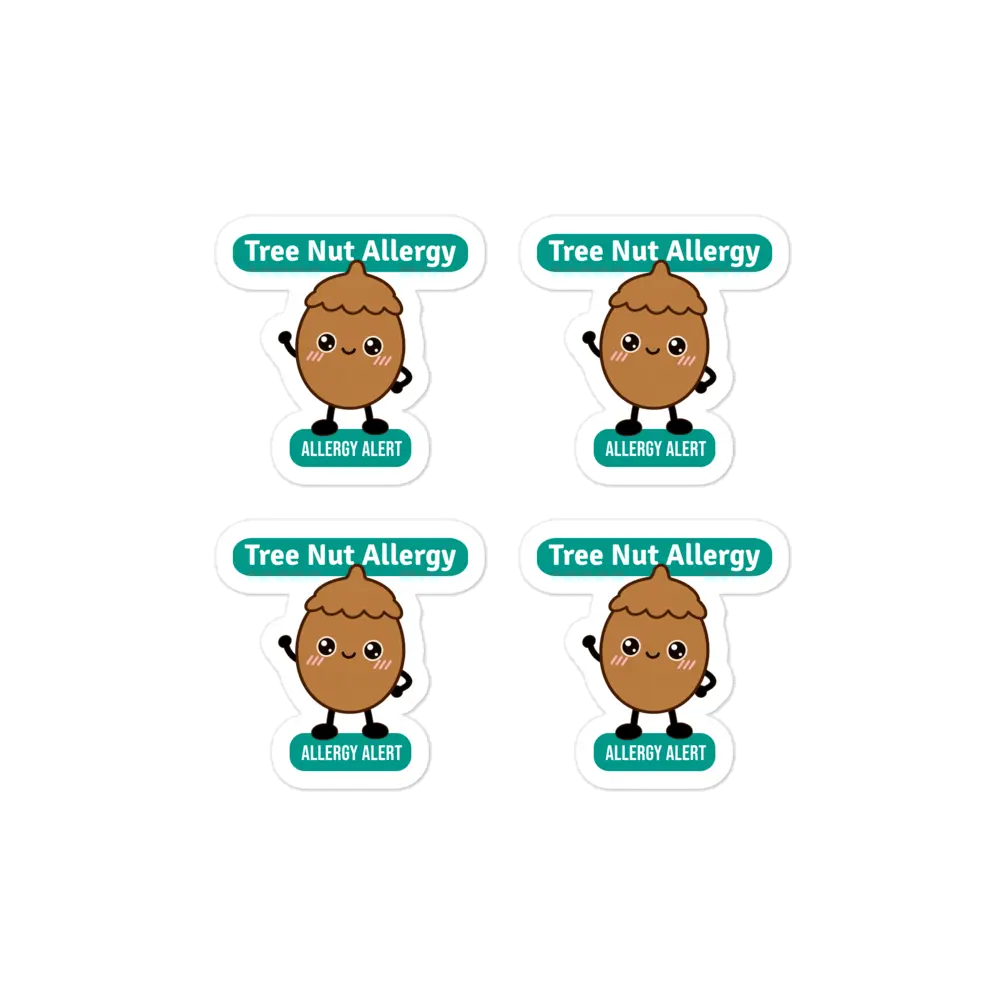 Set of 4 tree nut allergy reminder stickers for lunchboxes and food containers, cute version