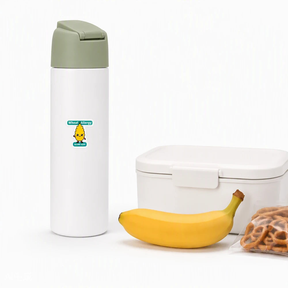 A cartoon wheat allergy alert sticker on a white water bottle, creating a visible wheat allergy reminder for school lunches, daycare, camps, and travel.