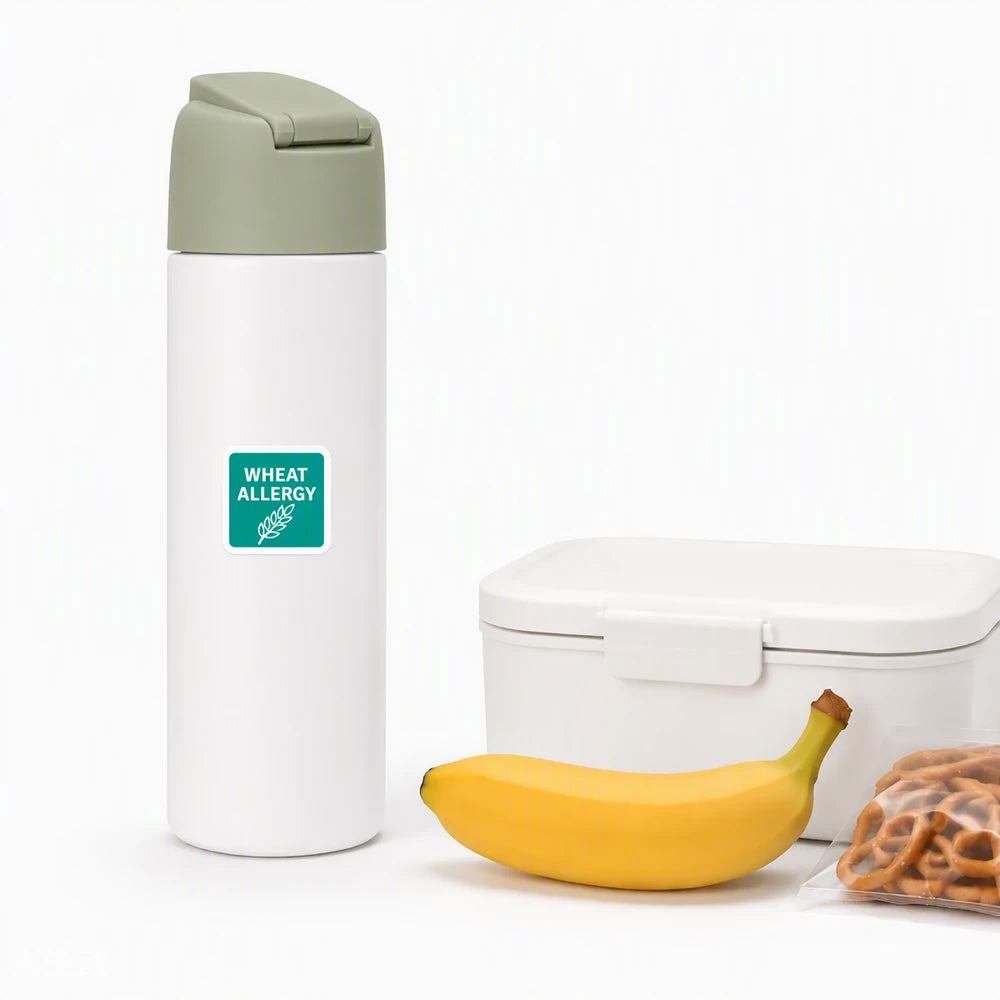 Wheat allergy food reminder sticker on a water bottle, designed as a visible food allergy warning for everyday use.